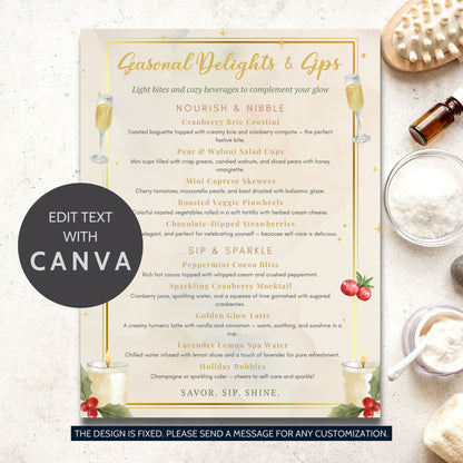 Elegant editable spa food and drink menu template – “Seasonal Delights & Sips” featuring holiday-inspired refreshments and cozy spa treats, designed to match the Glow into the Holidays collection by Given Crafted Wonders.