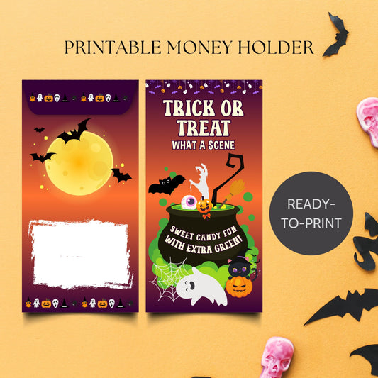 Halloween-themed printable money holder with pumpkins, ghosts, and bats on a yellow background.