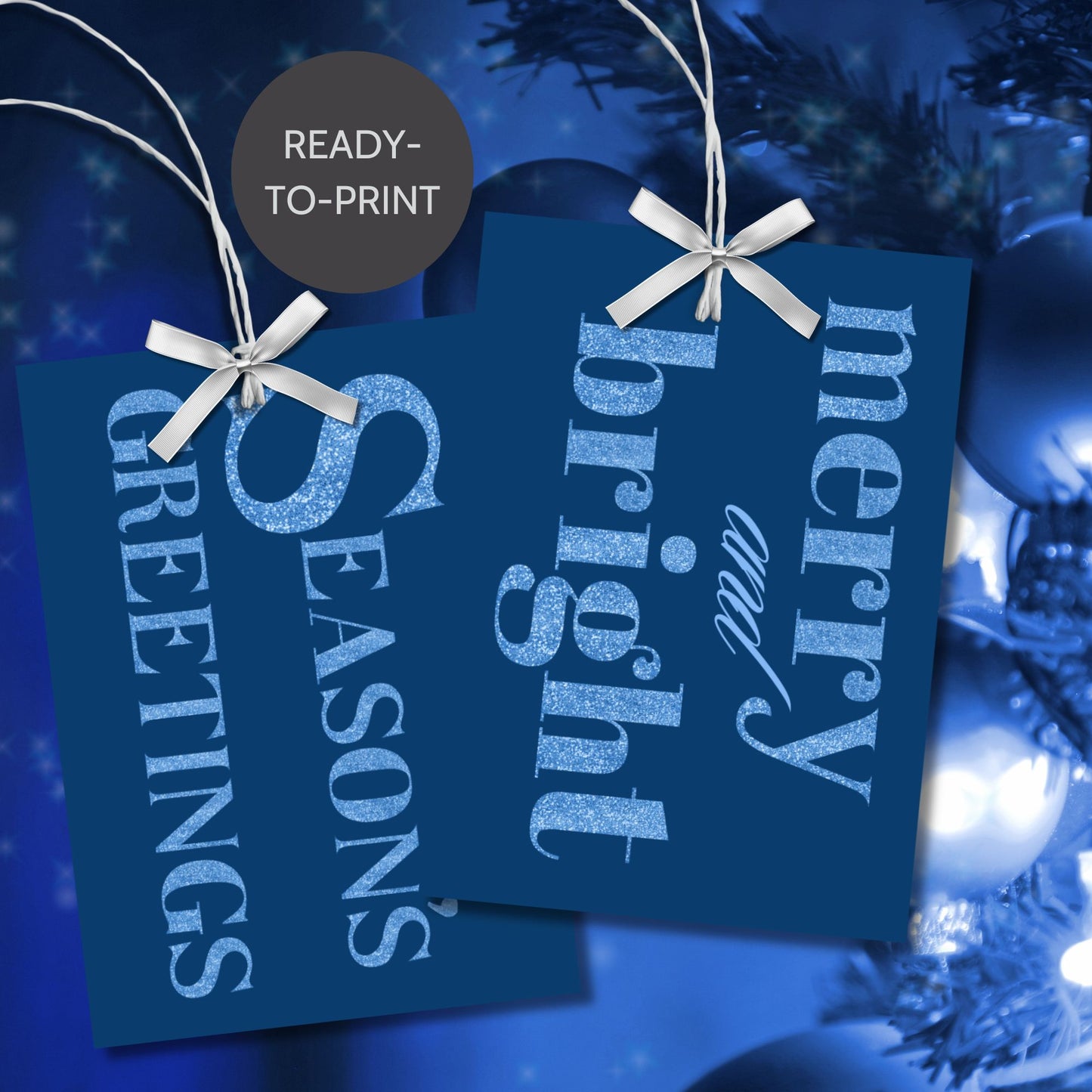 A set of ready-to-print Christmas gift tags featuring glittering icy blue text on a deep navy-blue background with festive messages like "Merry and Bright" and "Season's Greetings." Each tag is 2.5 x 3.5 inches, perfect for adding a frosty, elegant touch to holiday gifting.