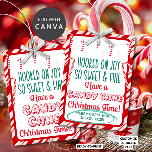 Festive "Hooked on Joy, So Sweet & Fine" gift tags with candy cane designs, ideal for holiday treats and Christmas gifts. Includes editable Canva template and printable PDF.