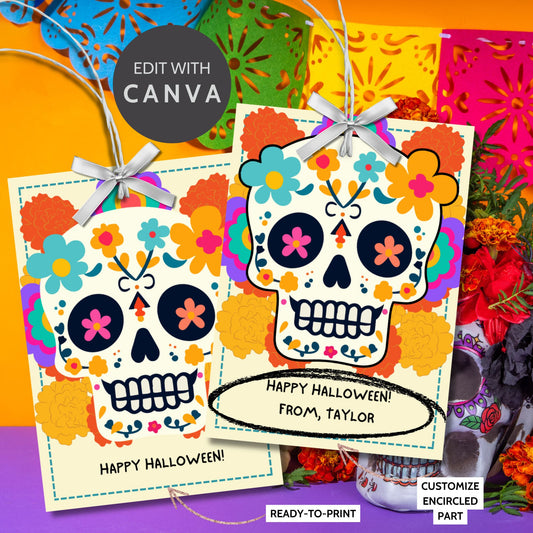 Vibrant Día de los Muertos and Halloween gift tag featuring a colorful sugar skull with floral designs. Ideal for customizable and printable gift tags.