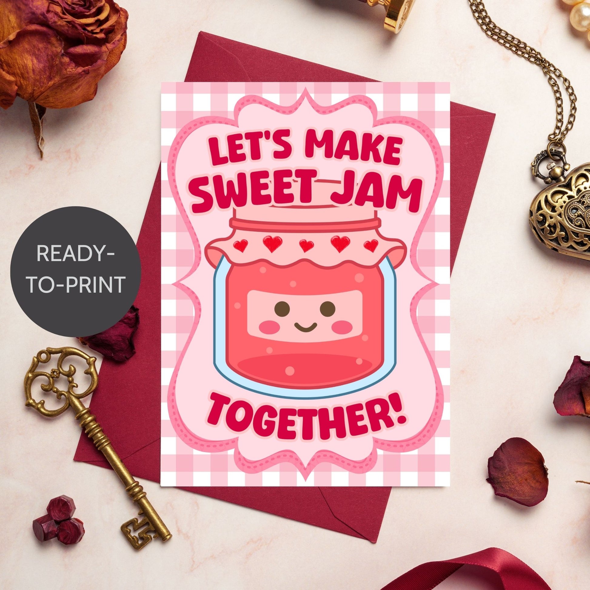 Printable Valentine’s Day Greeting Card featuring the phrase “Let’s Make Sweet Jam Together” with a berry and jam theme. Designed as a 5x7 PDF on an 8.5 x 11 sheet with two cards per page. A sweet and punny Valentine’s card for loved ones.