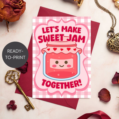 Printable Valentine’s Day Greeting Card featuring the phrase “Let’s Make Sweet Jam Together” with a berry and jam theme. Designed as a 5x7 PDF on an 8.5 x 11 sheet with two cards per page. A sweet and punny Valentine’s card for loved ones.