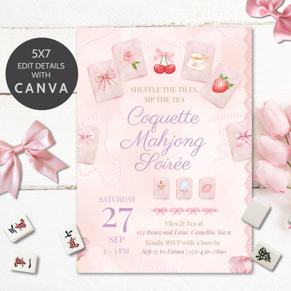 Pink Mahjong-themed party invitation with tiles and bows on a white background