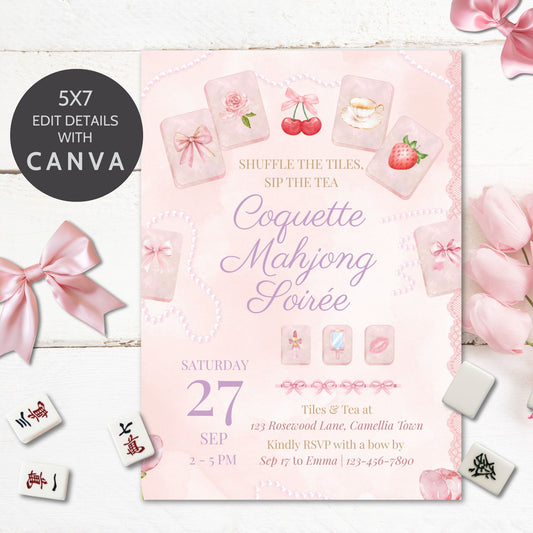 Pink Mahjong-themed party invitation with tiles and bows on a white background