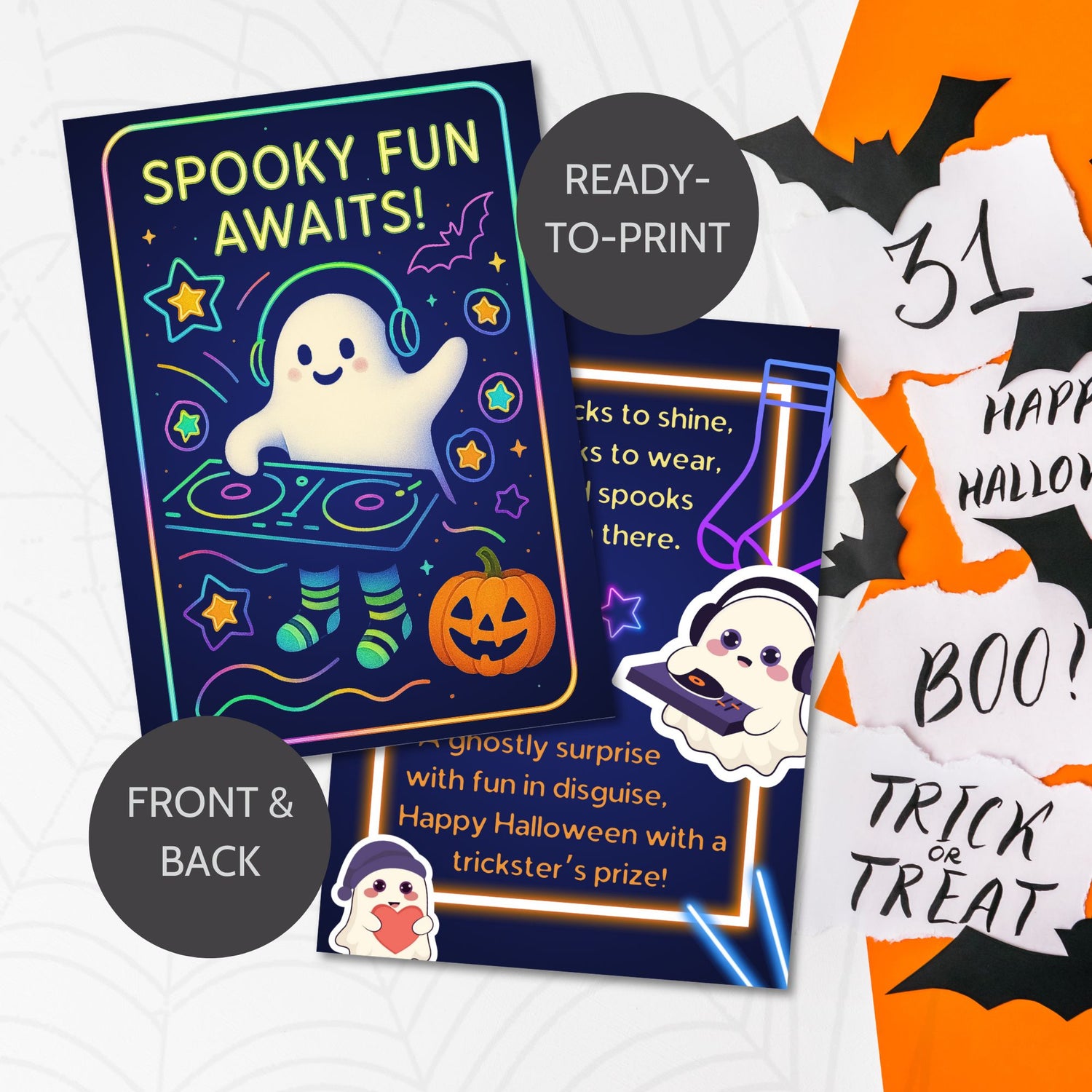 Printable double-sided “Spooky Fun Awaits” Halloween Boo Basket Cards (5x7 PDF) – festive spooky gift basket inserts.
