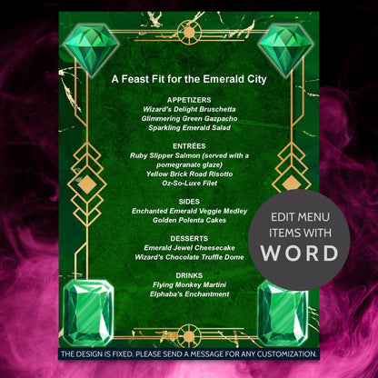 Editable Emerald City-inspired menu template featuring luxurious dishes like Ruby Slipper Salmon and Flying Monkey Martini, perfect for a Wicked-themed party or elegant event.