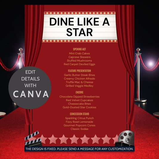 Editable red carpet-themed menu titled “Dine Like a Star” with theatrical curtain backdrop, spotlighting appetizers, entrees, desserts, and drinks. Canva template, 8.5 x 11 inches.