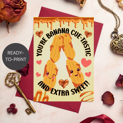 Printable Valentine’s Day card featuring the phrase “You're Bananacuetastic” with a Filipino Banana Cue-inspired design. Designed as a 5x7 PDF on an 8.5 x 11 sheet with two cards per page. A punny and heartfelt Valentine’s card for Filipino food lovers.