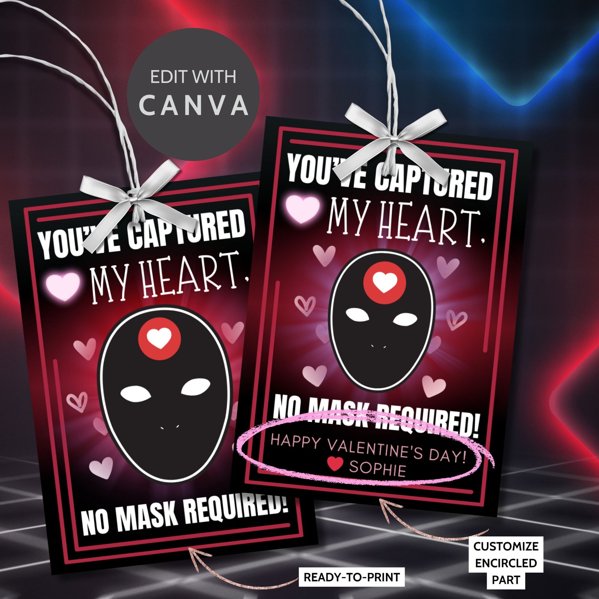 Game-inspired printable Valentine’s Day gift tags featuring the message "You’ve Captured My Heart, No Mask Required!" with a customizable name area. Perfect for gaming enthusiasts or anyone who loves playful, themed gift tags.