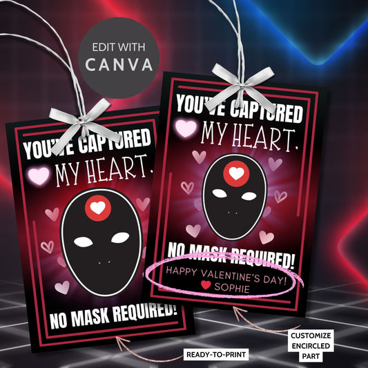 Game-inspired printable Valentine’s Day gift tags featuring the message "You’ve Captured My Heart, No Mask Required!" with a customizable name area. Perfect for gaming enthusiasts or anyone who loves playful, themed gift tags.