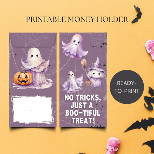 Halloween-themed printable money holder with ghosts and pumpkins on a yellow background.