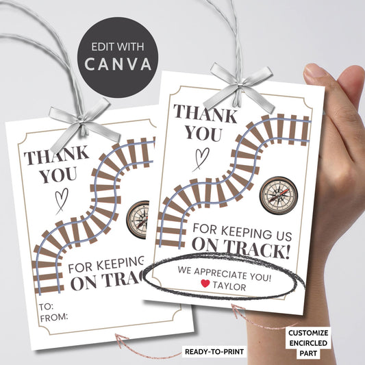 Editable National Boss's Day gift tags with a train track and compass design featuring the message "Thank You for Keeping Us on Track!" Each tag is 2.5 x 3.5 inches, 8 per sheet.