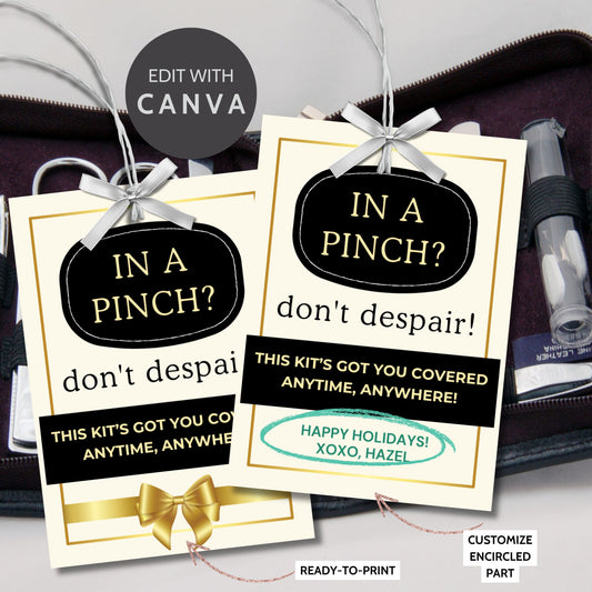 Elegant black and gold "In A Pinch? Don’t Despair!" gift tags, perfect for emergency kits or small survival packs. Includes printable and editable Canva template.