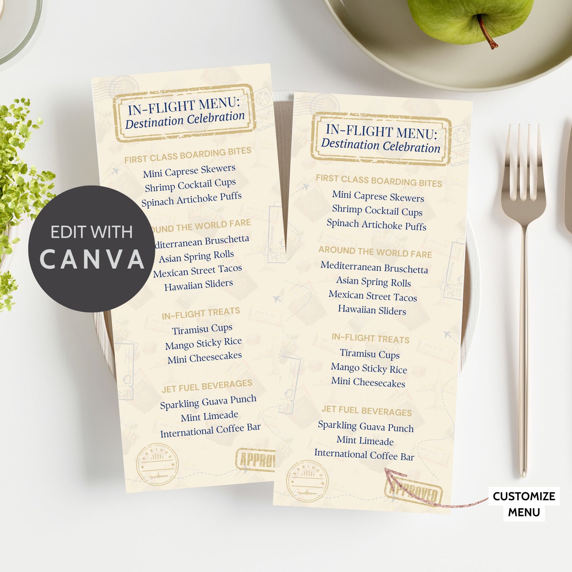 Travel-themed editable graduation menu table card titled "In-Flight Menu: Destination Celebration" with global food sections, sized 3.65 x 8.5 inches.