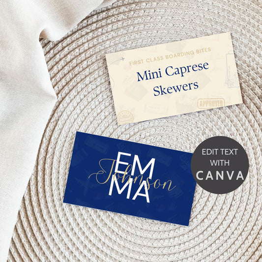 Folded editable graduation place card with navy and gold travel-themed "Passport to the Future" design, reading “Mini Caprese Skewers”