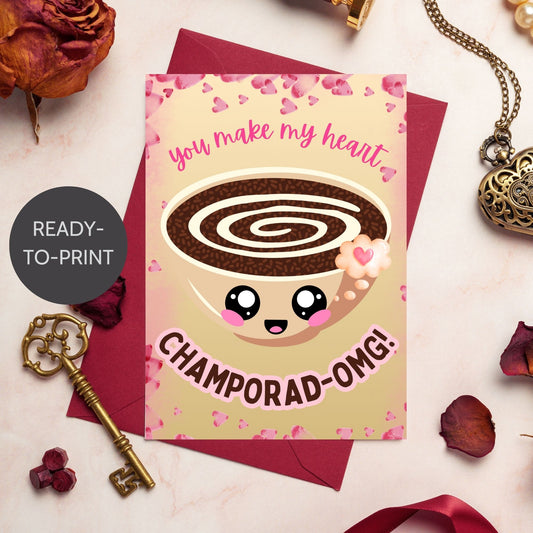 Printable Valentine’s Day card featuring the phrase “You Make My Heart ChamporadOMG” with a Filipino Champorado-inspired design. Designed as a 5x7 PDF on an 8.5 x 11 sheet with two cards per page. A punny and heartfelt Valentine’s card for Filipino food lovers.