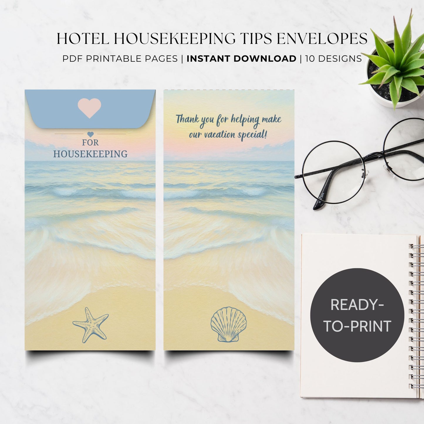 A styled flat-lay showing two beach-themed housekeeping envelope designs with printed text and illustrations, plus a notebook labeled 'READY-TO-PRINT' and a small potted plant on a light marble surface. Text at the top reads 'HOTEL HOUSEKEEPING TIPS ENVELOPES' and 'PDF PRINTABLE PAGES | INSTANT DOWNLOAD | 10 DESIGNS'.