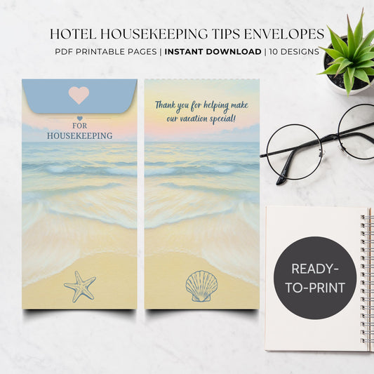 A styled flat-lay showing two beach-themed housekeeping envelope designs with printed text and illustrations, plus a notebook labeled 'READY-TO-PRINT' and a small potted plant on a light marble surface. Text at the top reads 'HOTEL HOUSEKEEPING TIPS ENVELOPES' and 'PDF PRINTABLE PAGES | INSTANT DOWNLOAD | 10 DESIGNS'.