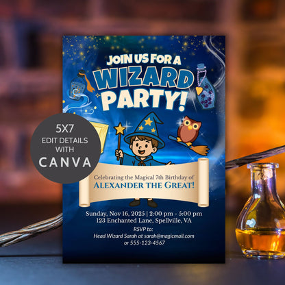 Wizard-themed invitation template featuring a boy wizard with wand, spell book, flying owl, and magical background. Includes editable party details on a scroll banner.