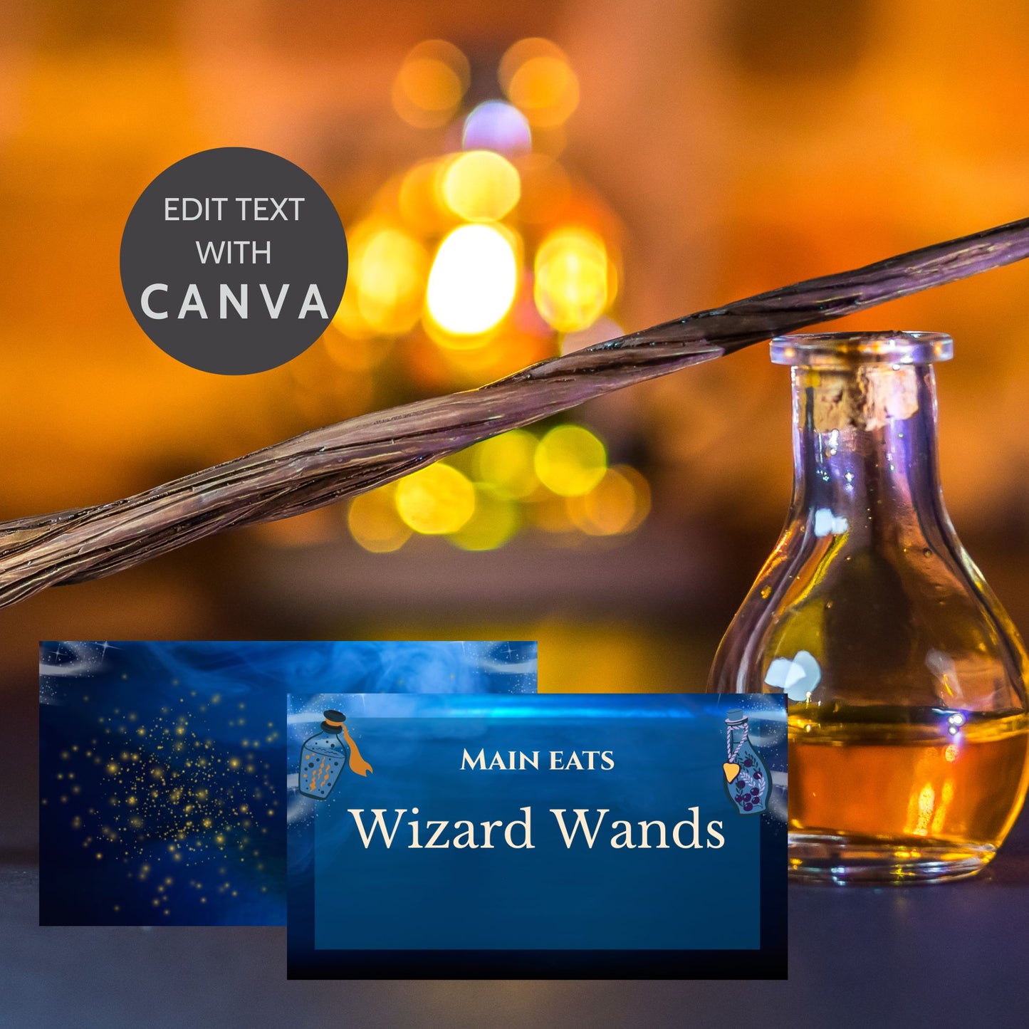 Editable wizard-themed party place card with a mystical night sky background, glowing golden stars, magical potion bottles, and customizable "Wizard Wands" text in a folded 3.5x4 inch design.