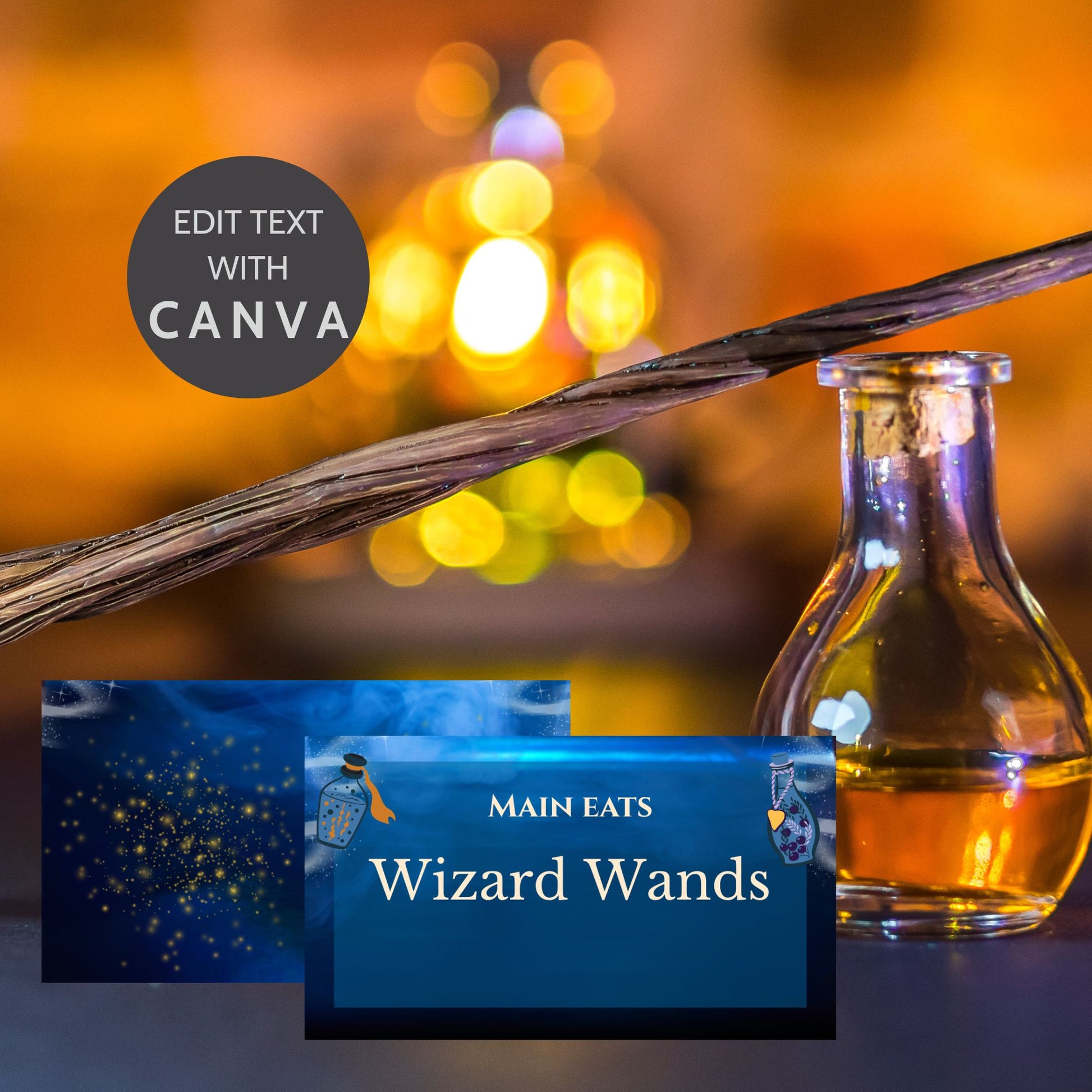 Editable wizard-themed party place card with a mystical night sky background, glowing golden stars, magical potion bottles, and customizable "Wizard Wands" text in a folded 3.5x4 inch design.