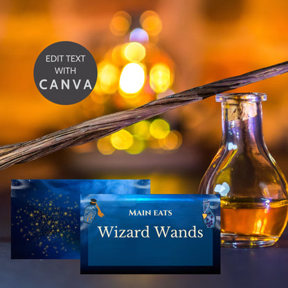 Editable wizard-themed party place card with a mystical night sky background, glowing golden stars, magical potion bottles, and customizable "Wizard Wands" text in a folded 3.5x4 inch design.