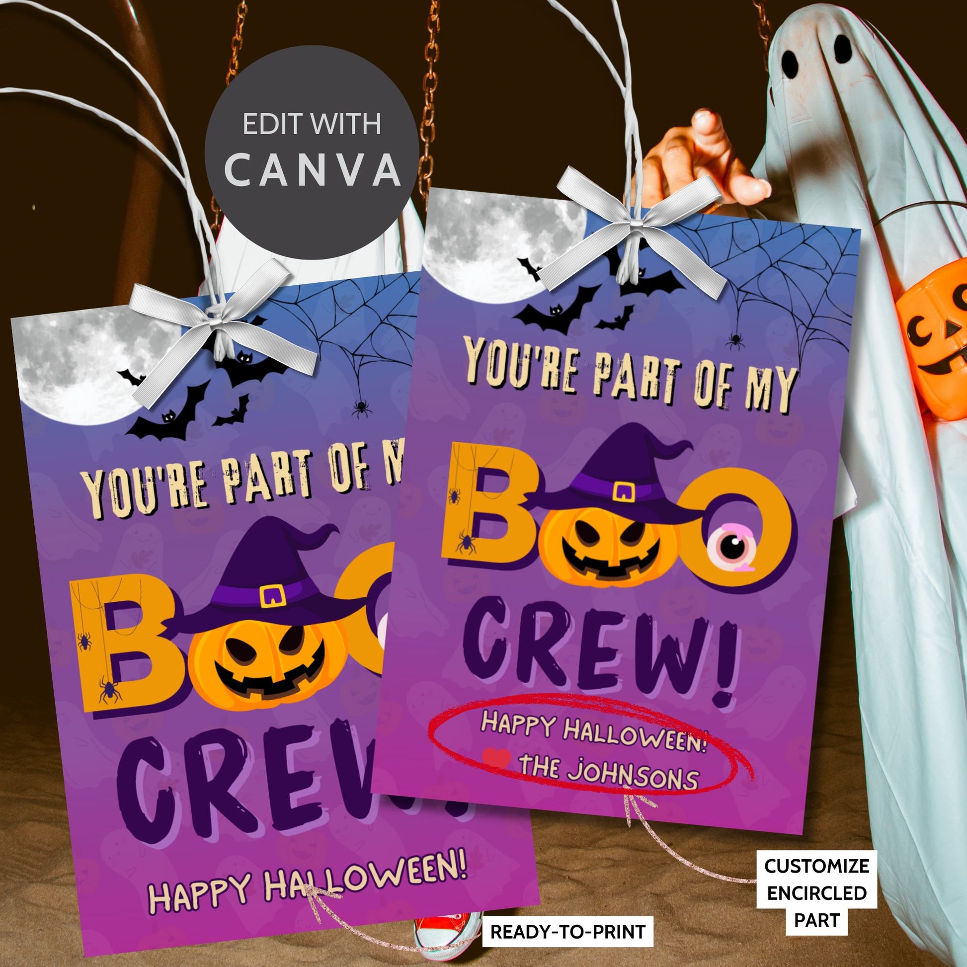 Printable and editable Halloween gift tags reading “You’re Part of My Boo Crew,” designed to pair with See’s Candies Boo Crew Box or Halloween candy gifts — perfect for employees, friends, and party favors.