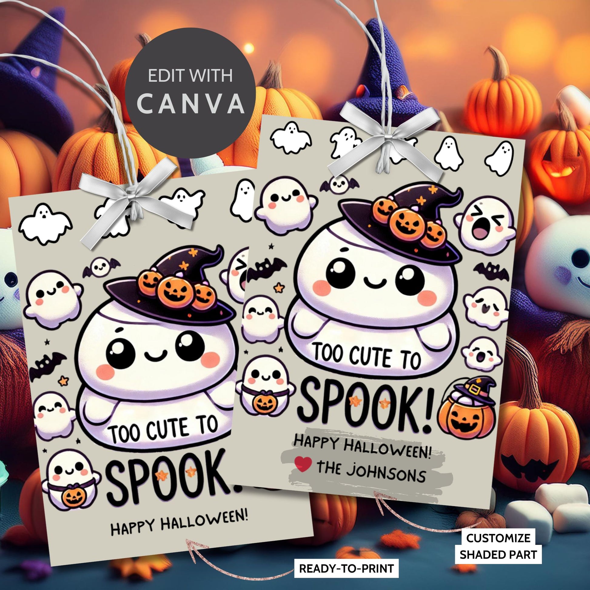 Cute Halloween gift tags featuring a squishy ghost in a witch hat, surrounded by ghosts and pumpkins. The tag reads "Too Cute to Spook!" and is perfect for Squishmallow-themed Halloween gifts. The tags are 2.5 x 3.5 inches and come with a printable PDF and an editable template.