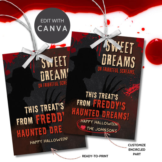 Freddy Krueger Halloween gift tag with the phrase “Sweet Dreams or Frightful Screams,” inspired by Nightmare on Elm Street. Features a creepy glove silhouette and horror-themed graphics, sized 2.5 x 3.5 inches for printable treat tags.