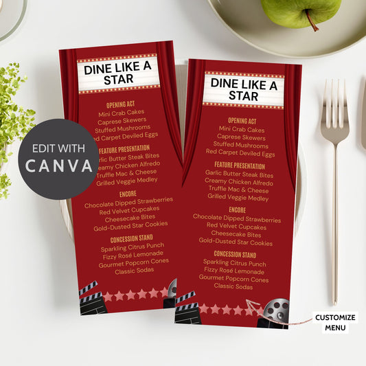 Editable Hollywood-themed table menu with marquee-style design and red curtains. Features editable sections like Opening Act and Feature Presentation. Canva template, 3.65 x 8.5 inches.