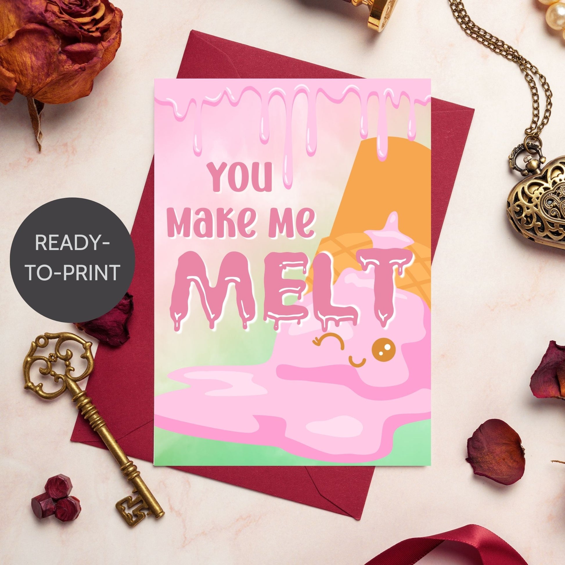 Printable Valentine’s Day Greeting Card featuring the phrase “You Make Me Melt” with an ice cream theme. Designed as a 5x7 PDF on an 8.5 x 11 sheet with two cards per page. A sweet and punny Valentine’s card for loved ones.