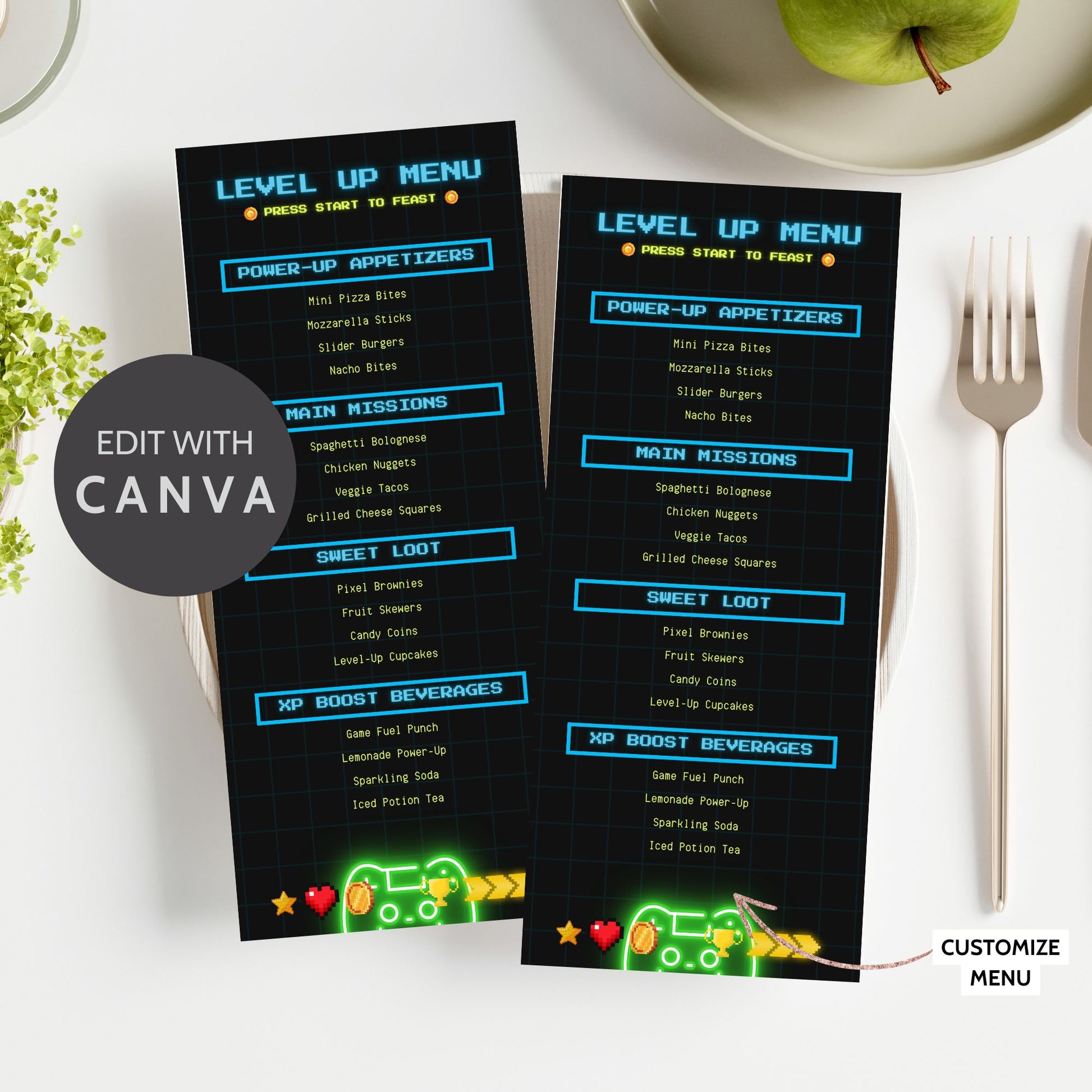 Retro gaming-themed editable menu card titled “Level Up Menu” featuring food sections like Power-Up Appetizers and XP Boost Beverages. Sized for tabletop at 3.65 x 8.5 inches.