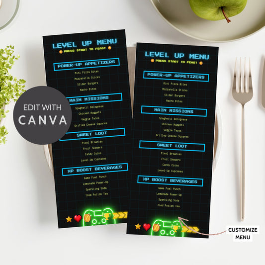 Retro gaming-themed editable menu card titled “Level Up Menu” featuring food sections like Power-Up Appetizers and XP Boost Beverages. Sized for tabletop at 3.65 x 8.5 inches.