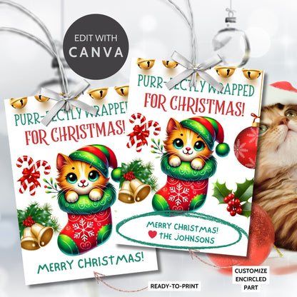 Christmas gift tags featuring a cute kitten snuggled in a festive stocking with holiday decorations like bells, candy canes, and holly, paired with the message "Purr-fectly Wrapped for Christmas!" These printable and editable tags add a cozy, festive touch to holiday gifts.