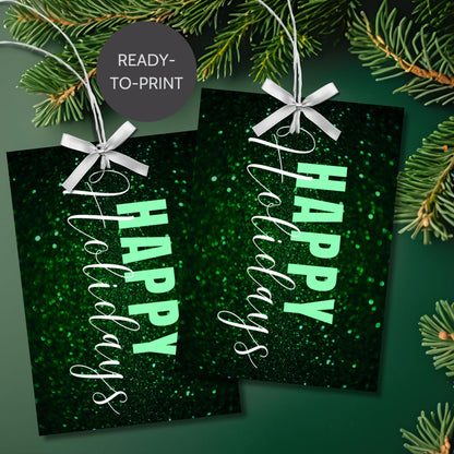 Green-themed ready-to-print Holiday gift tags featuring a glittery green background with elegant "Happy Holidays" text, 2.5 x 3.5 inches, 8 per 8.5 x 11-inch sheet.