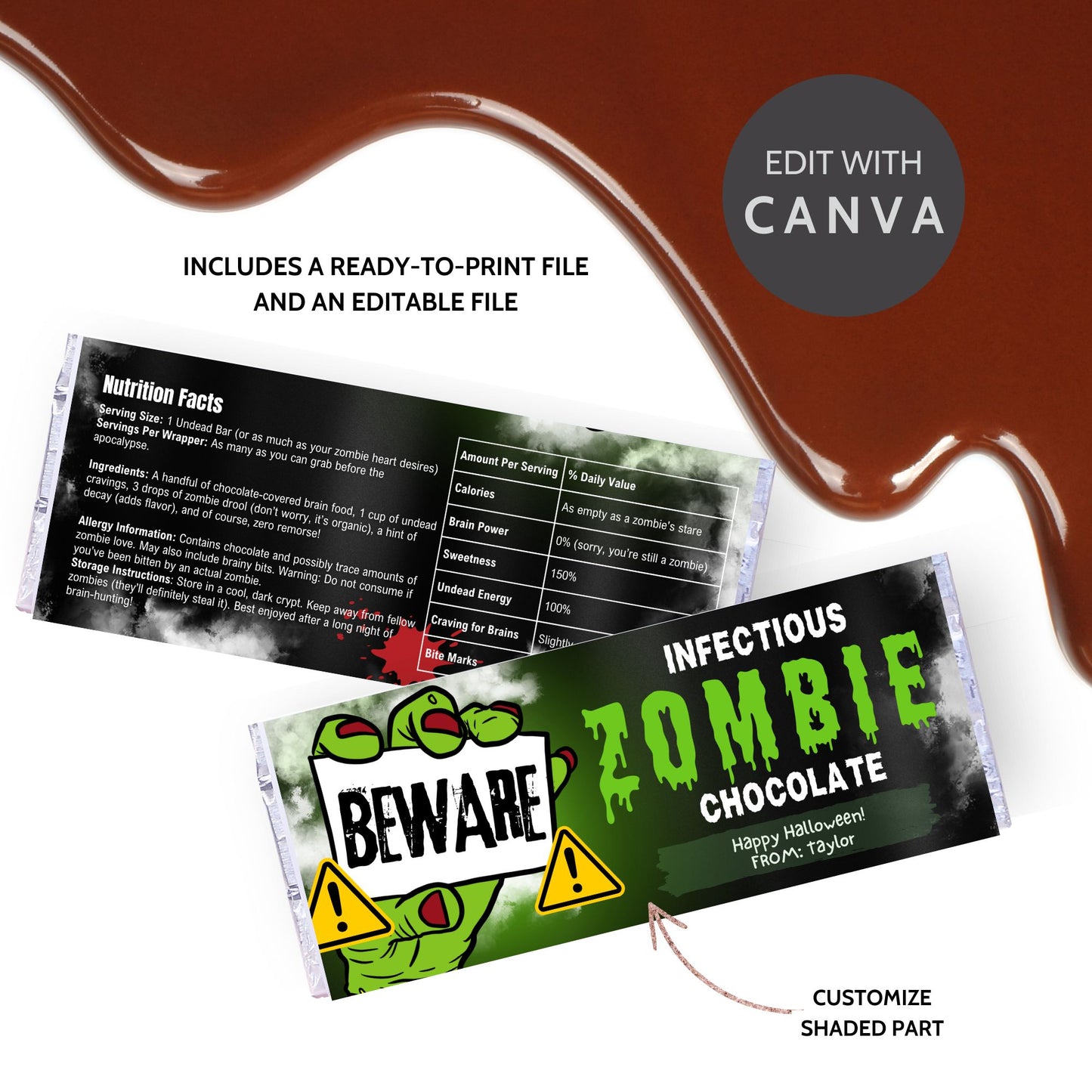 Printable and editable Zombie Halloween chocolate bar wrappers featuring spooky zombie hands and gory design, perfect for Halloween treats and parties.