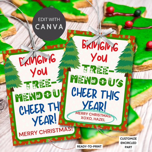  Printable and editable Christmas gift tags featuring a tree theme, ideal for tree-shaped treats like Peeps Marshmallow Christmas Trees, customizable on Canva, 8 tags per 8.5 x 11 sheet.