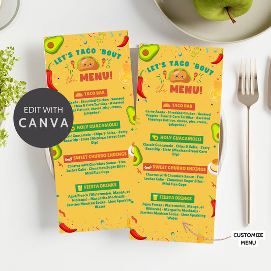 Editable taco-themed tabletop menu card titled “Let’s Taco ’Bout the Menu!” with bright fiesta graphics, customizable in Canva. Sized 3.65 x 8.5 inches for buffet and food station display.