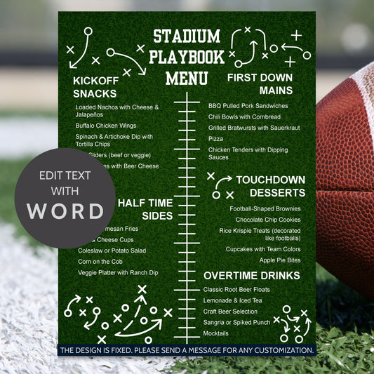 Stadium Playbook Menu design with football-themed text and graphics on a green background.