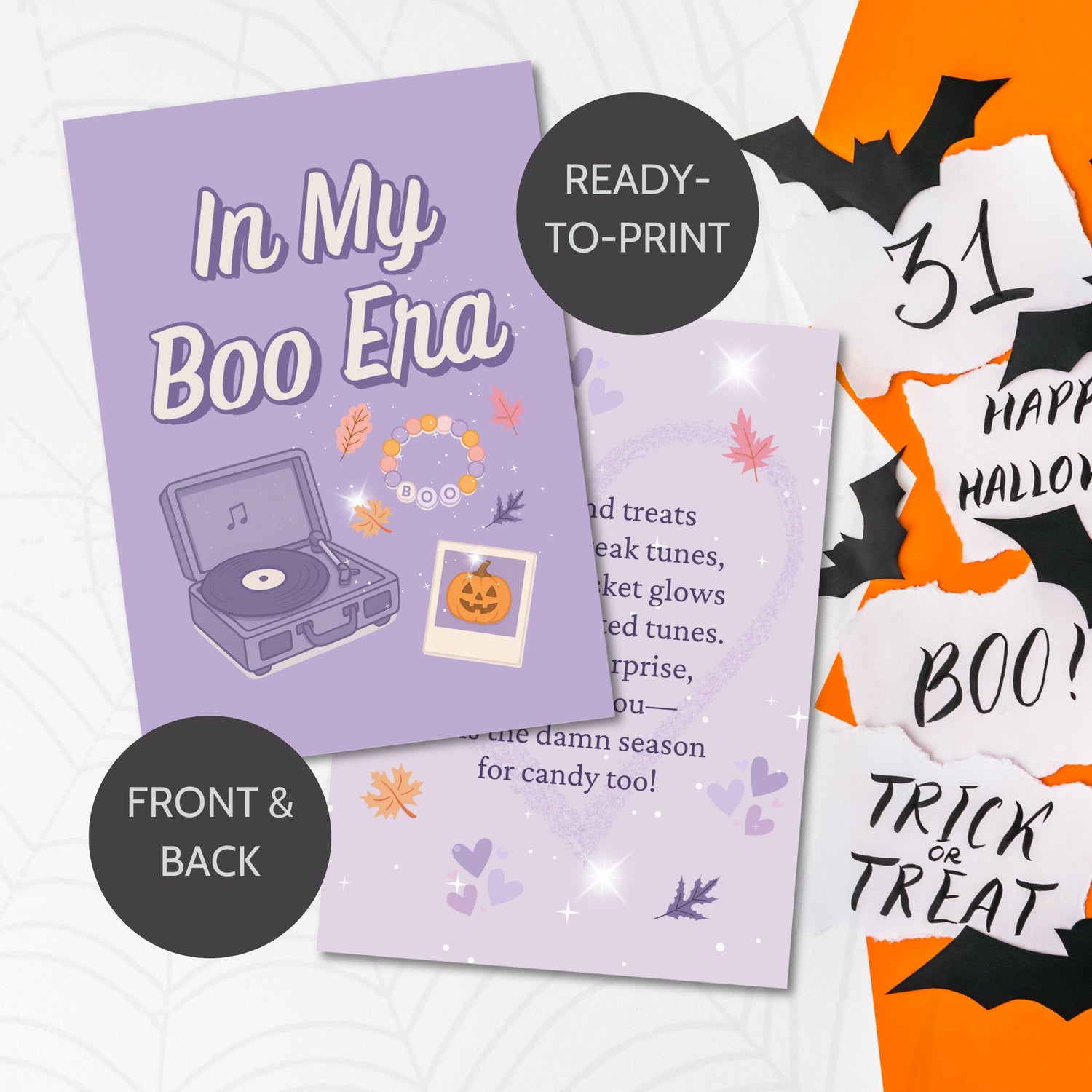 Printable double-sided “In My Boo Era” Taylor Swift inspired Boo Basket Card (5x7 PDF) – fun pop-culture Halloween card for Swifties and gift baskets.