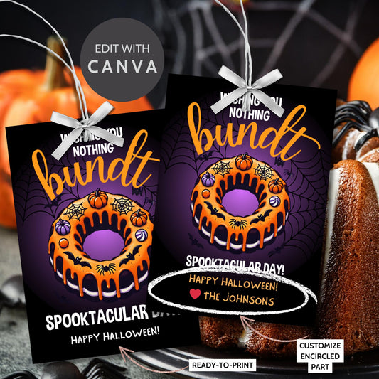 Halloween gift tag featuring a bundt cake decorated with pumpkins and spiderwebs, with the message 'Wishing You Nothing Bundt a Spooktacular Day!'