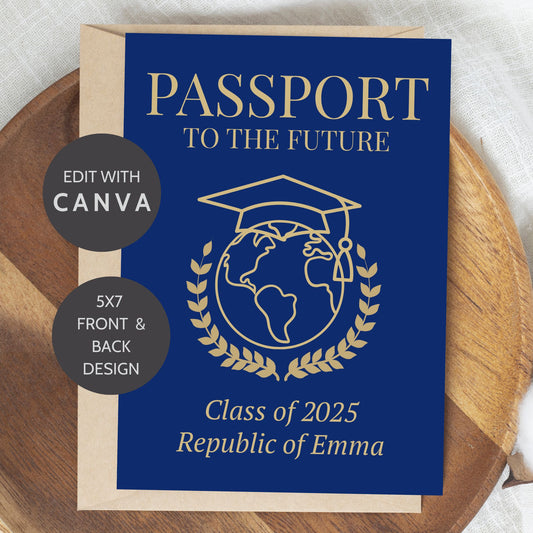 Double-sided editable passport-themed graduation invitation in navy and gold with photo ID layout on front and globe design on back, formatted for 5x7 inches.