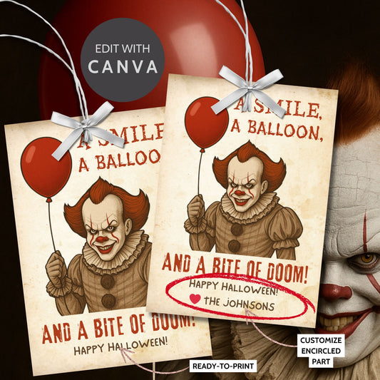 Halloween-themed greeting cards with a clown holding a balloon, featuring the text 'A smile, a balloon, and a bite of doom! Happy Halloween!' on a dark background.