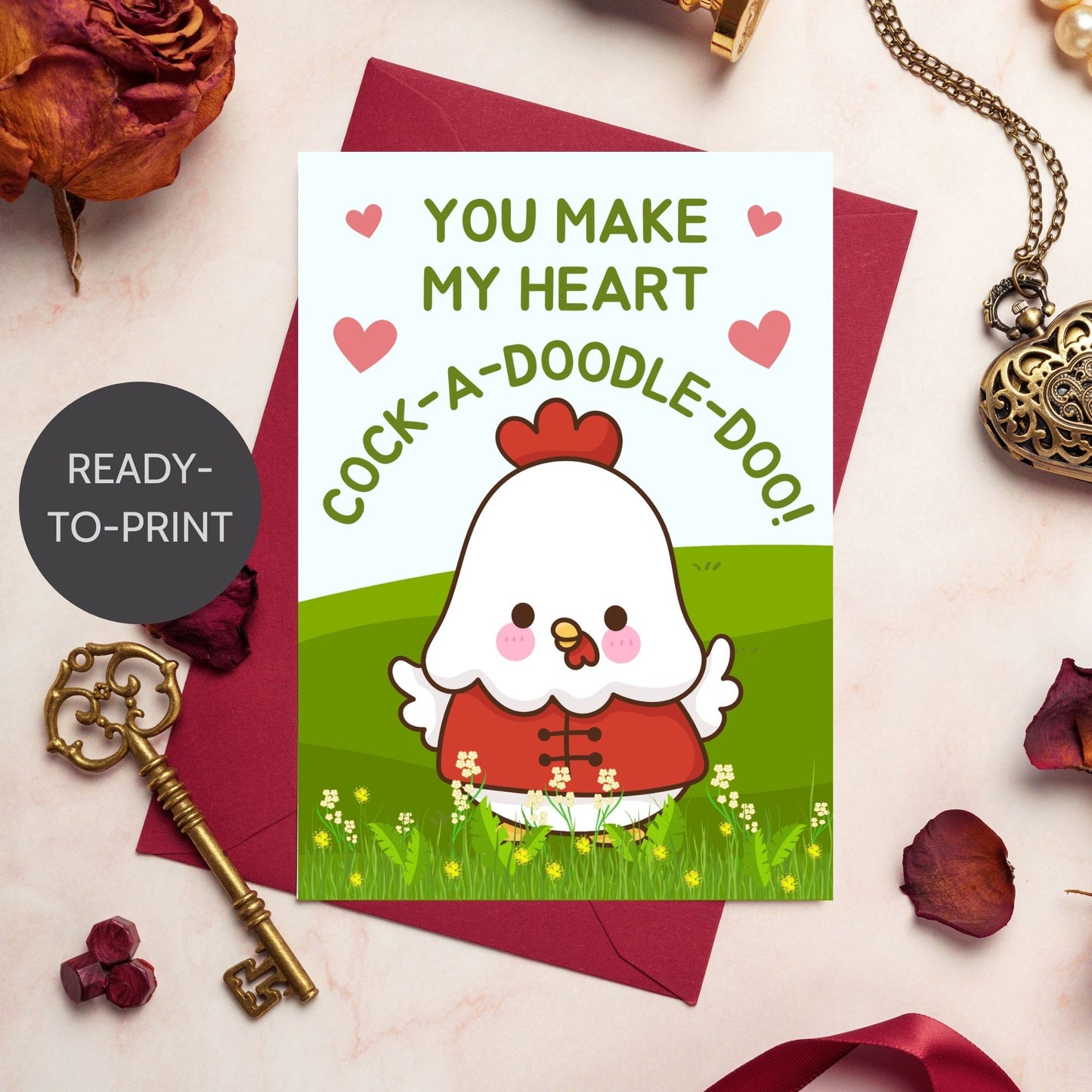 Printable Valentine’s Day Greeting Card featuring the phrase “You Make My Heart Cock-a-doodle-doo” with a rooster theme. Designed as a 5x7 PDF on an 8.5 x 11 sheet with two cards per page. A funny and punny Valentine’s card for loved ones.