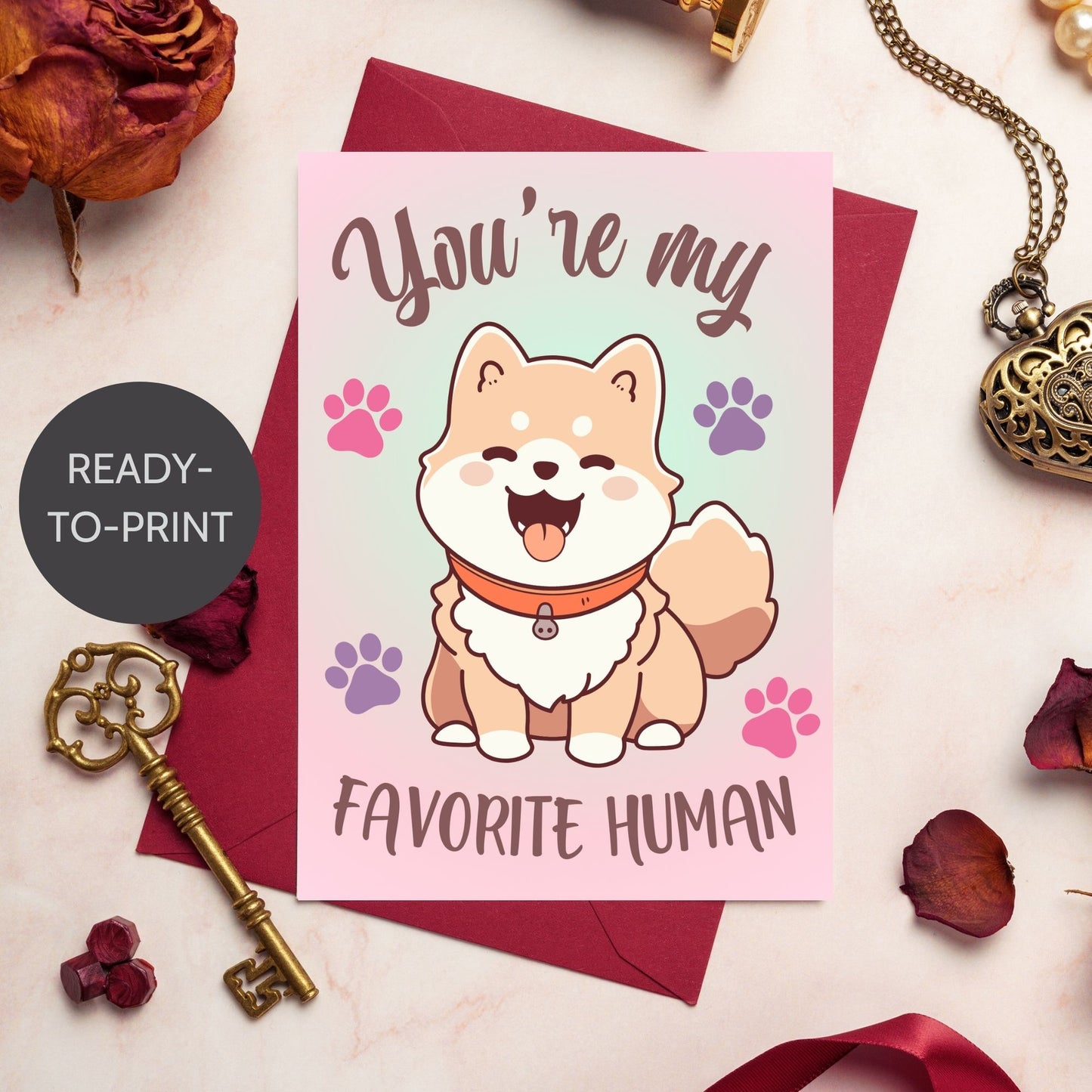 Printable Valentine’s Day Greeting Card with the message “You're My Favorite Human.” Designed as a 5x7 PDF on an 8.5 x 11 sheet with two cards per page. A simple and heartfelt Valentine’s card for a loved one.