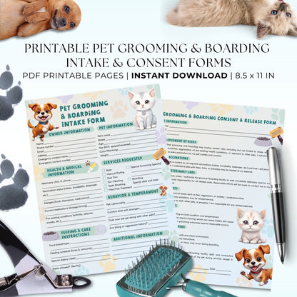 Printable Pet Grooming and Boarding Intake & Consent Form with playful paw print design – 8.5x11 PDF business form for pet groomers and boarding services.