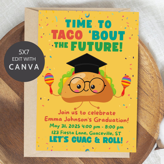 Single-sided taco-themed graduation invitation with confetti background, smiling taco in a graduation cap, and bold text “Time to Taco ‘Bout the Future.” Editable 5x7 Canva template.