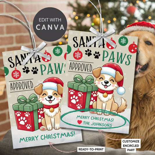 Christmas gift tags featuring an adorable puppy in a Santa hat, festive ornaments, and the message "Santa Paws Approved." These printable and editable tags are perfect for pet lovers and add a playful touch to holiday gifts.