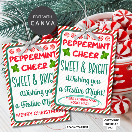 Printable Christmas gift tags with the message 'Peppermint Cheer, Sweet & Bright,' featuring a candy cane border and festive holiday design. Perfect for peppermint or candy cane gifts.